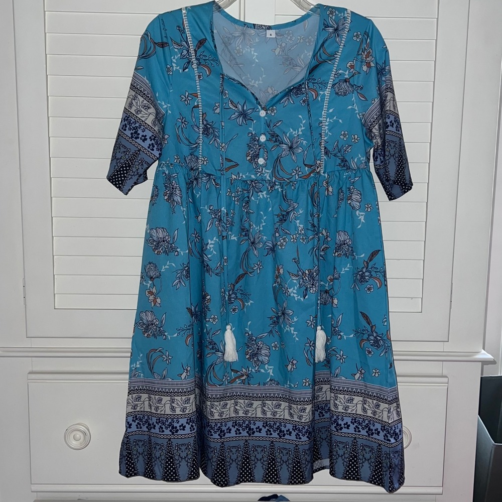 Blue Floral Boho Tassel Mini Dress Turquoise Babydoll Half Sleeve Size S
